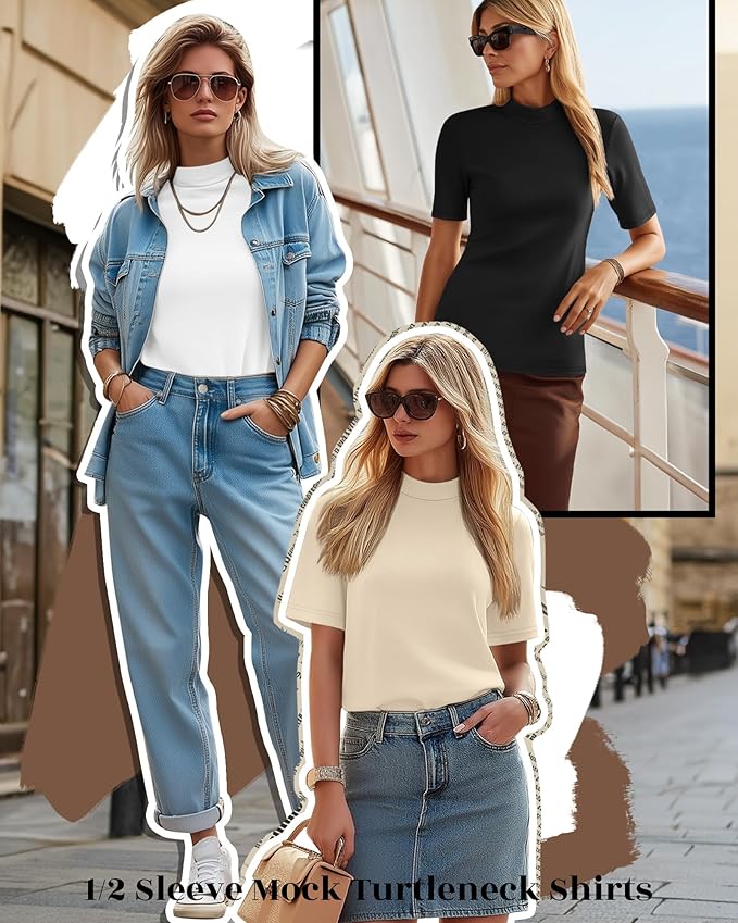 Ficerd 3 Pack Women's 1/2 Sleeve Mock Turtleneck Shirts, Elbow Length Shirt Half Sleeve Tunic Top Casual Summer Basic Tees