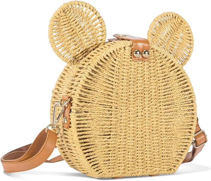 Round Rattan Straw Bag Purse for Women Handmade Cute Mouse Ear Wicker Woven Purse Crossbody Shoulder Bag Handbag