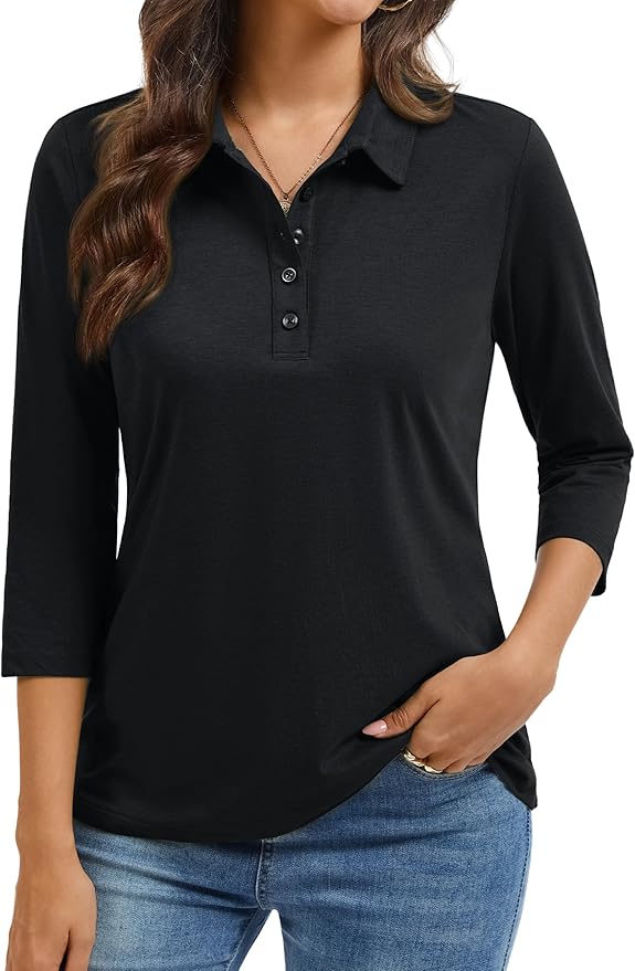 YUCOLEN Polo Shirts for Women 3/4 Sleeve Tops Golf Tees 5-Button Collared Cotton Shirt Business Casual