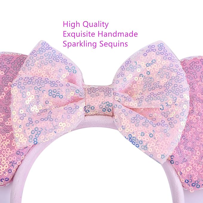 WW-WONDERFULWORLD Unisex Mouse Ears Headbands With Bow & Sequins, for Cartoon Princess Costume Cosplay Decoration, Glitter Christmas Party for Women & Adult; FG1 (Soft Flannel Pink)