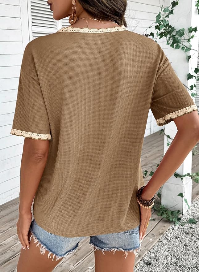 Dokotoo Womens Summer Tops Casual Short Sleeve Lace T-Shirts Solid V Neck Waffle Knit Shirts Blouses