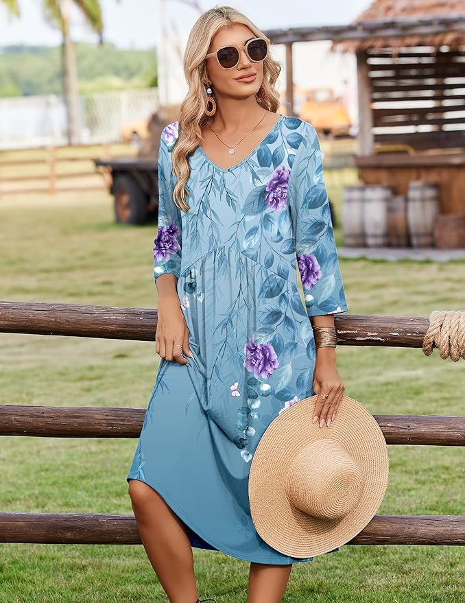 ZEAGOO 3/4 Sleeve Women's Dress Casual Flowy A-Line Midi Tshirt Dresses with Pocket Empire Waist Summer Boho Beach Sundress