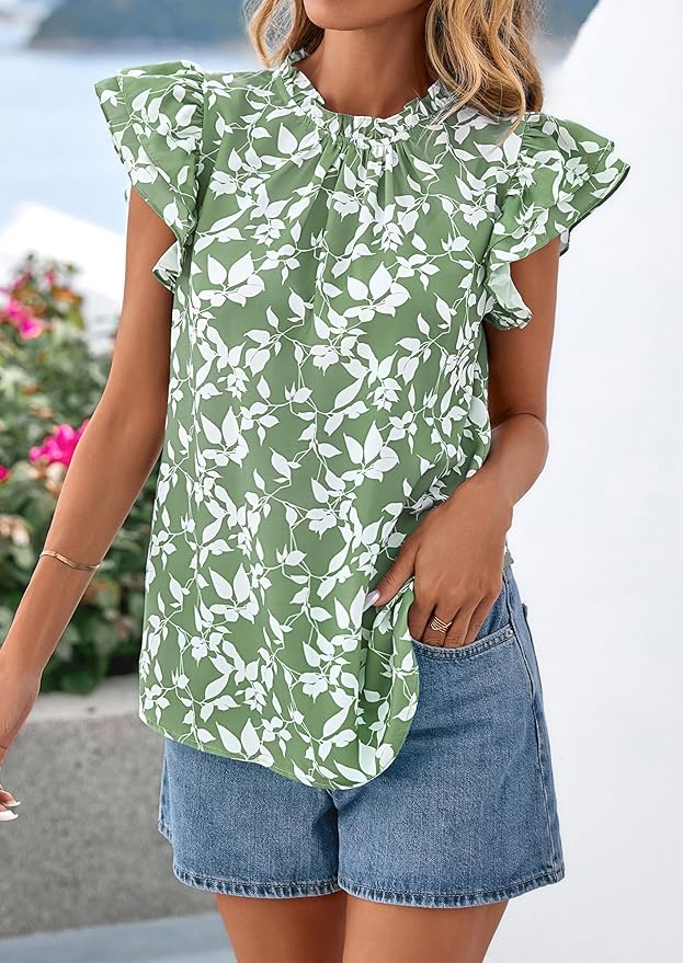 PRETTYGARDEN Women's Ruffle Short Sleeve Summer Tops 2026 Trendy Floral Trim Neck Casual Dressy Chiffon Boho Blouses Shirts