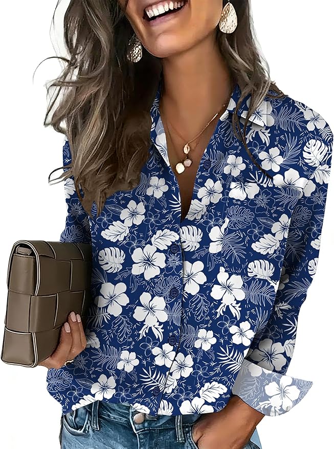 HOTOUCH Button Down Shirts for Women Long Sleeve Blouse Dressy Casual Business Work Tops with Pocket