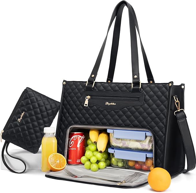 Lunch Tote Bag for Women, 15.6 Inch Laptop Work Bag with Insulated Lunch Box Compartment & Purse Large Capacity Quilted Computer Handbag for Office Business Work Nurse Teacher Travel Casual