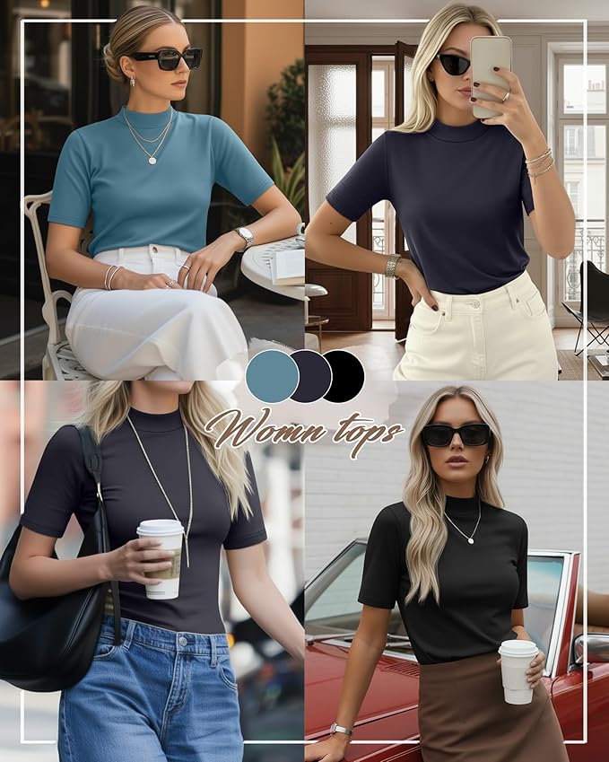 Ficerd 3 Pack Women's 1/2 Sleeve Mock Turtleneck Shirts, Elbow Length Shirt Half Sleeve Tunic Top Casual Summer Basic Tees