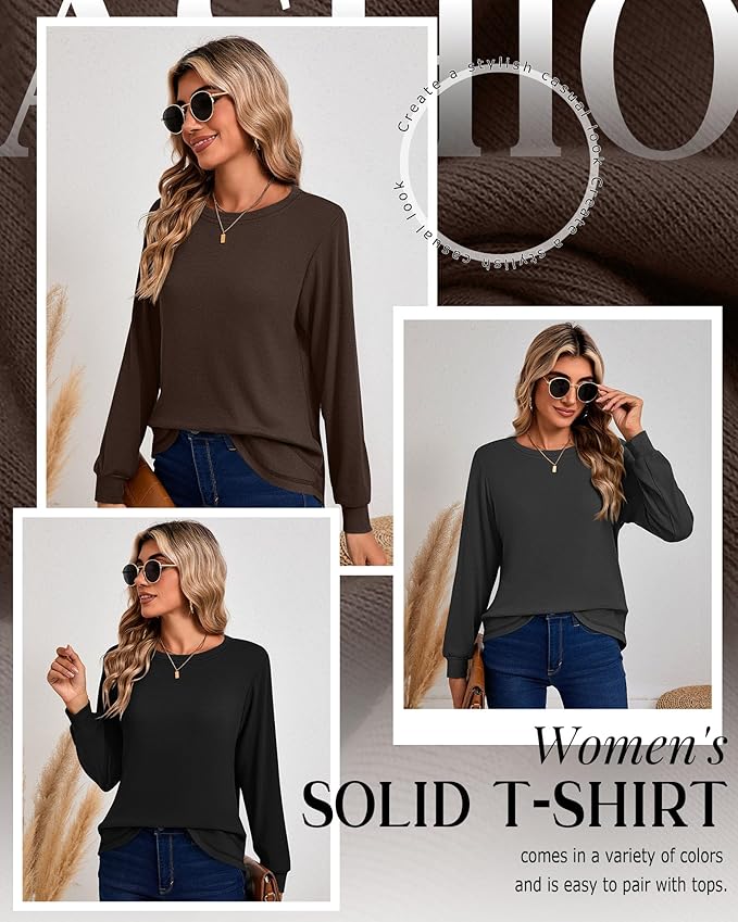 Ficerd 3 Pack Women's Long Sleeve Shirts, Cotton Crew Neck Tunic Tops Casual Loose Fit Pullover Sweatshirts Curved Hem Shirts
