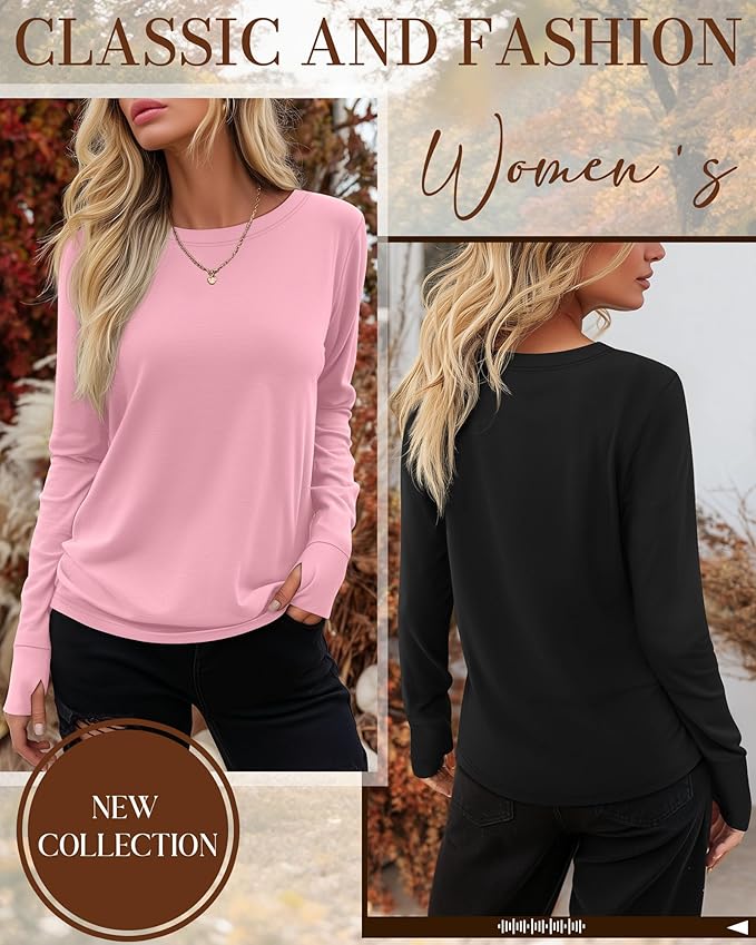 Huukeay 3 Pack Women's Long Sleeve Shirts with Thumb Holes, Cotton Casual Crew Neck Tunic Tops Fall Loose Y2k Trendy Outfits