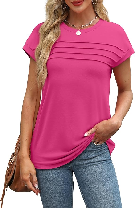 WEESO Womens Summer Tops Trendy 2026 Cap Sleeve T Shirts Crew Neck Pleated Front Beach Vacation Clothes Fashion