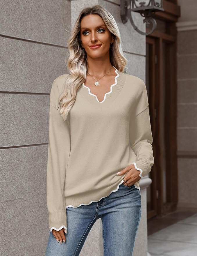 Zeagoo Women's 2026 Fall V Neck Sweater Casual Long Sleeve Lightweight Ribbed Knit Pullover Sweaters Dressy Casual Tops