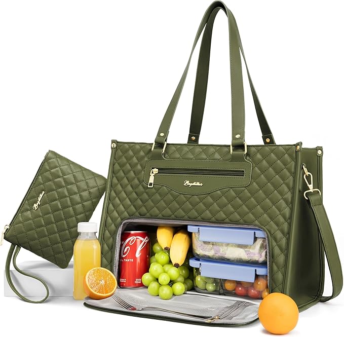 Lunch Tote Bag for Women, 15.6 Inch Laptop Work Bag with Insulated Lunch Box Compartment & Purse Large Capacity Quilted Computer Handbag for Office Business Work Nurse Teacher Travel Casual