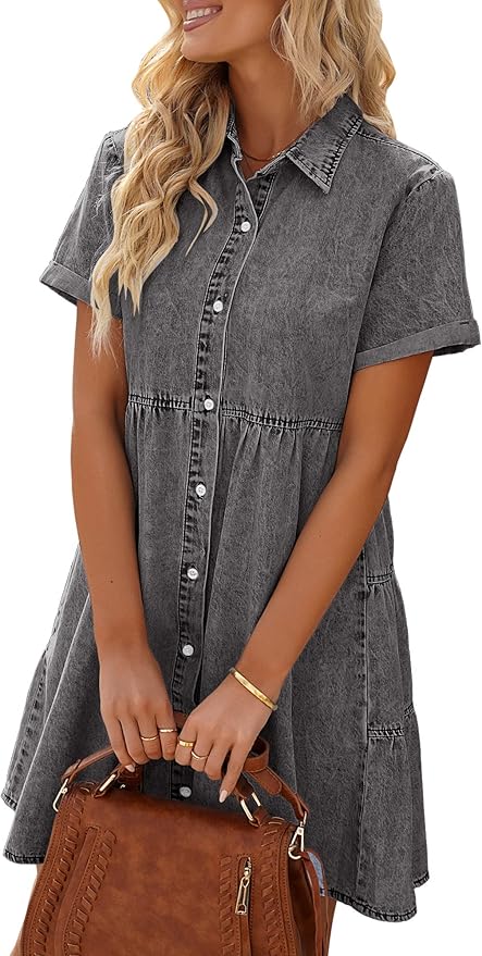 LookbookStore Women's Short Sleeve Button Down Flowy Tiered Babydoll Denim Dress