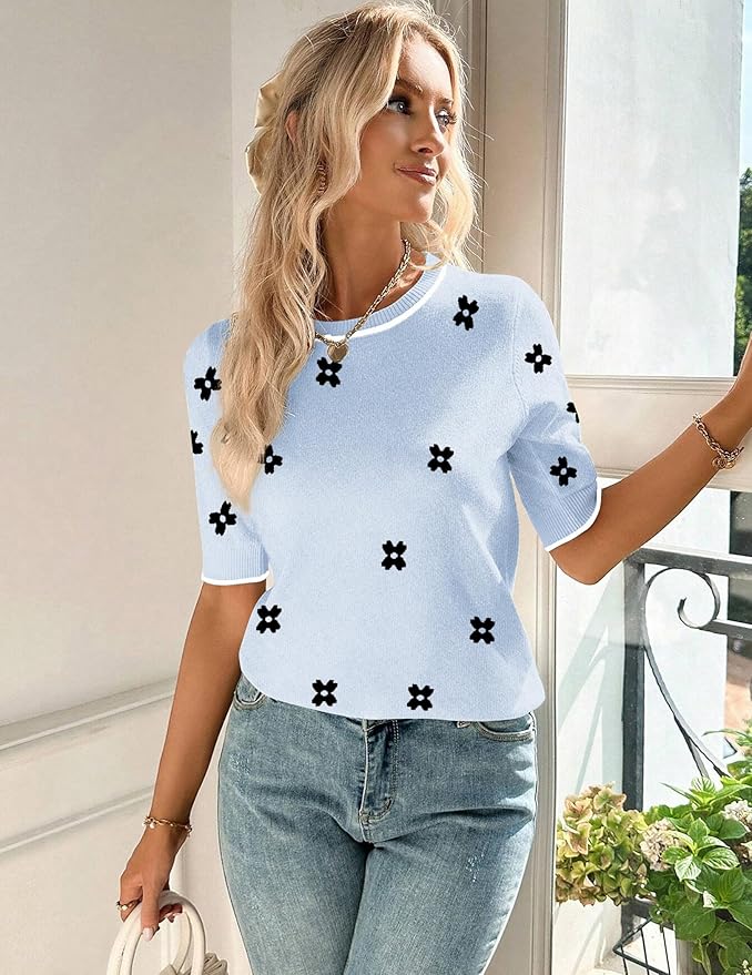 Zeagoo Womens Summer Short Sleeve Tops Crew Neck Lightweight Pullover Sweaters Loose Dressy Casual Blouse Basic Clothes