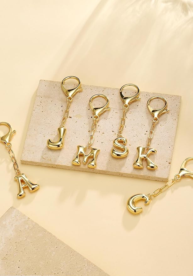 GAOKOXI Gold Bubble Initial Keychain Charm for Women Chunky Bag Purse Charms A-Z Letter Key Chains for Handbag Accessories