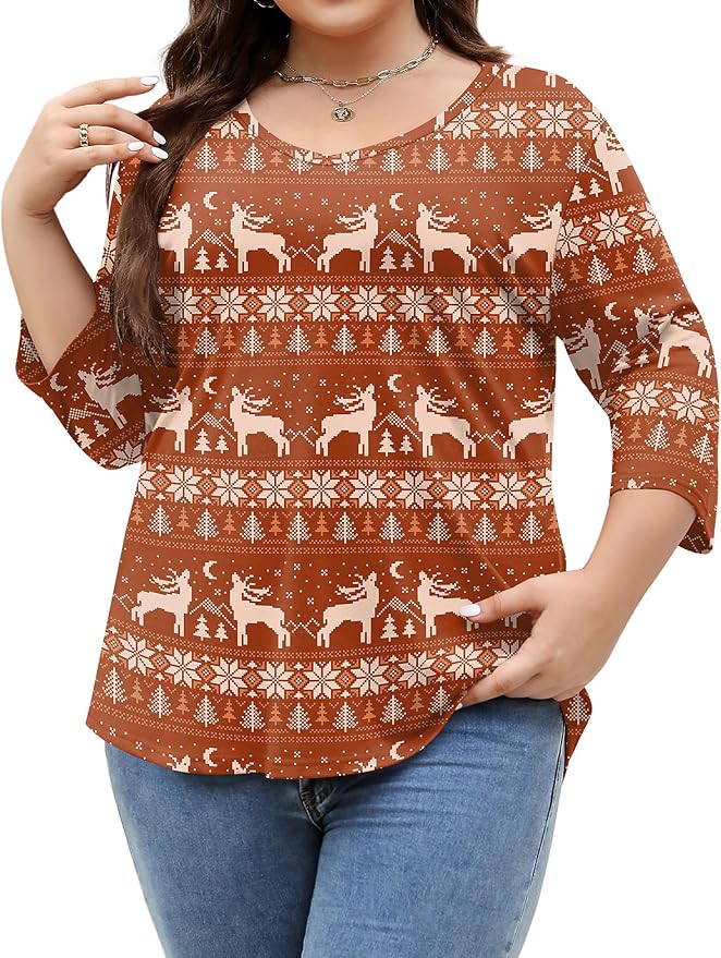 TFSDOD Womens Plus Size Tops V Neck T Shirts 3/4 Sleeve Blouse Summer Casual Tees XL-5X