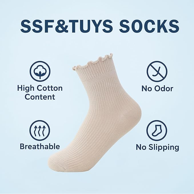 SSF&TUYS Ruffle Socks for Women – Soft Cotton Frilly Ankle Socks, Cute, Breathable & Comfy, 6 Pairs