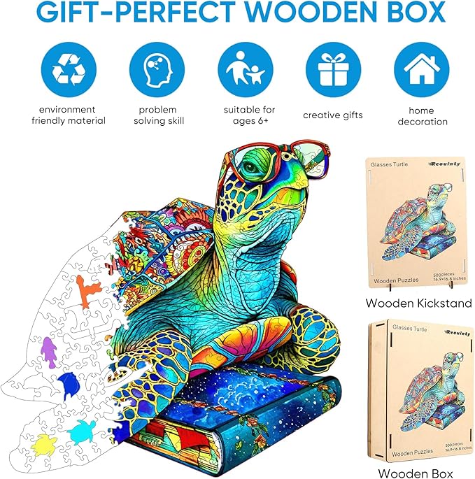 Reouinty Wooden Puzzles for Adults 500 Pieces, Glasses Sea Turtle Deep Blue Jigsaw Puzzles, Unique Shape Animal Adult Puzzles, Irregular Wood Puzzles Best Gift for Adults Family Game(16.9 * 16.8 in)