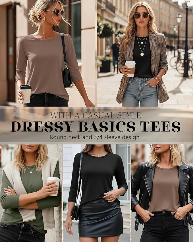 Ficerd 3 Pack 3/4 Sleeve Tops for Women Round Neck Dressy Basics Tees Casual Trendy Loose Fit T Shirts