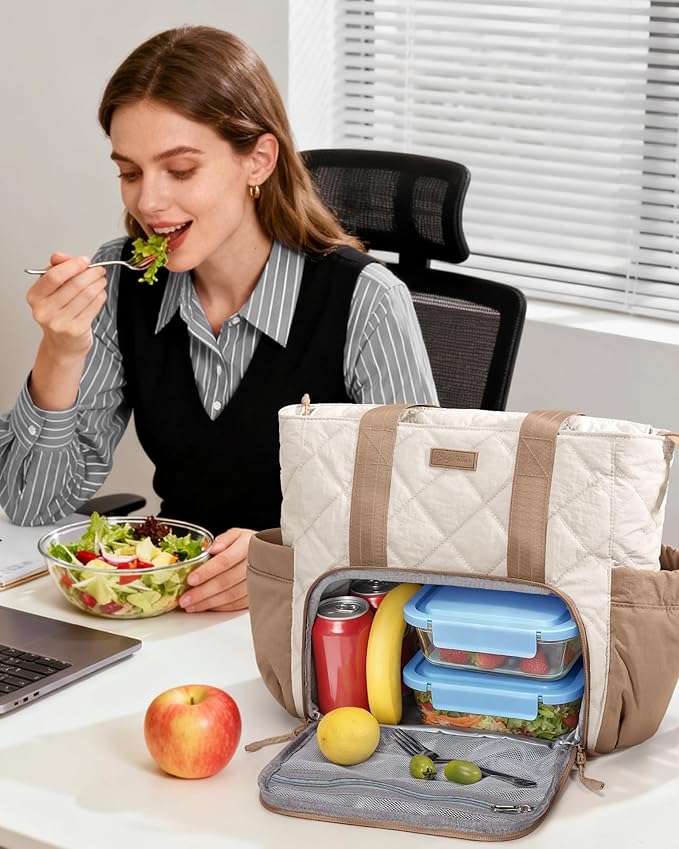 Puffer Lunch Tote Bag for Women, 15.6 Inch Laptop Work Bag with Insulated Lunch Compartment & Large Cup Holder, Lightweight Quilted Puffy Lunch Box Purse for Teacher Nurse Travel Office Daily School