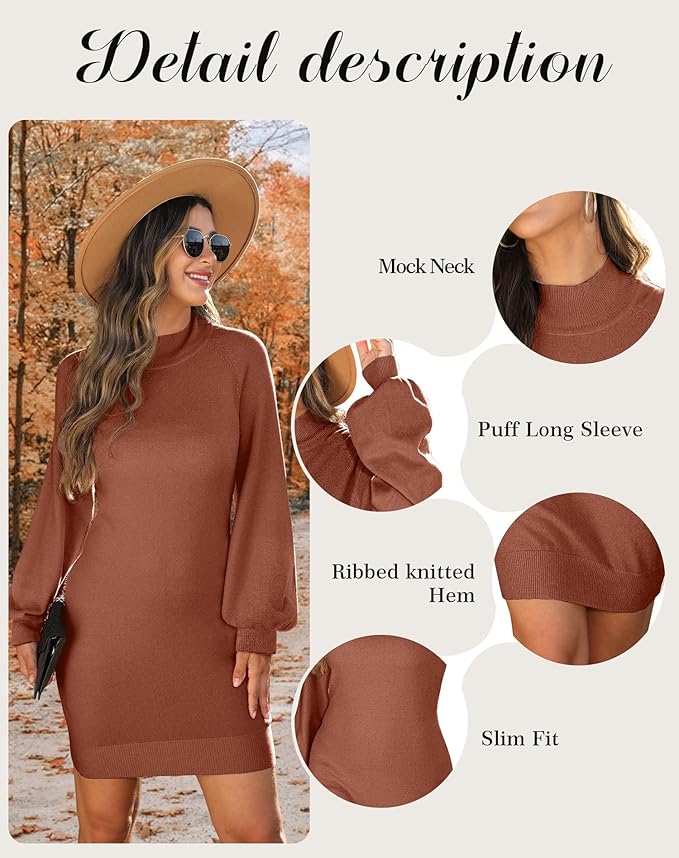 GRECERELLE 2026 Women's Mock Neck Ribbed Long Sleeve Bodycon Pullover Cute Mini Sweater Dress (XS-2XL)
