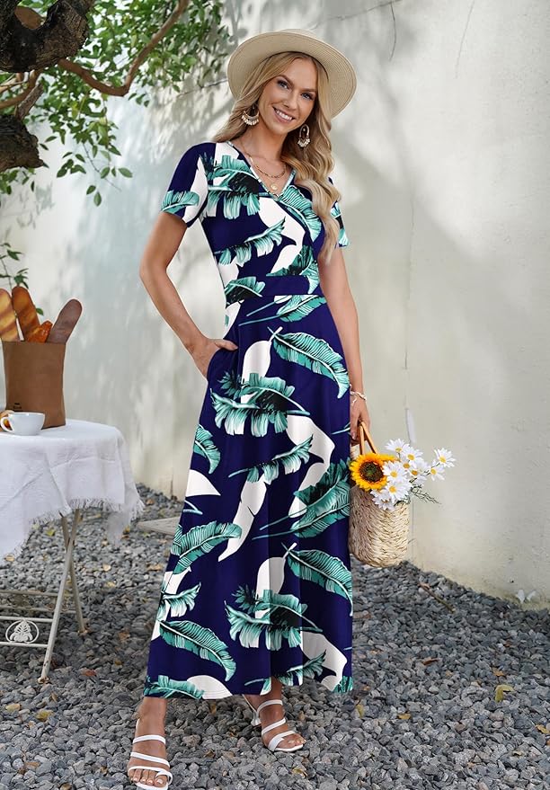 AUSELILY Maxi Dresses for Women Ankle Length Floral Print Beach Long Flowy Dress with Pockets