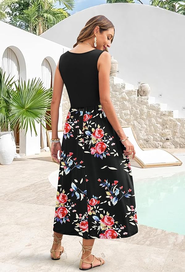 WNEEDU Women's Summer Maxi Dress 2026 Casual Sleeveless Hawaiian Sundress Tropical Long Dress Beach Vacation Outfit