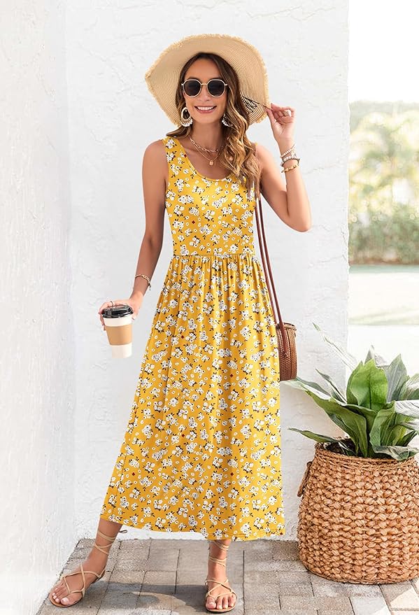 WNEEDU Women's Summer Maxi Dress 2026 Casual Sleeveless Hawaiian Sundress Tropical Long Dress Beach Vacation Outfit