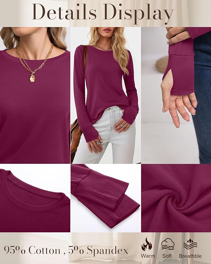 Huukeay 3 Pack Women's Long Sleeve Shirts with Thumb Holes, Cotton Casual Crew Neck Tunic Tops Fall Loose Y2k Trendy Outfits