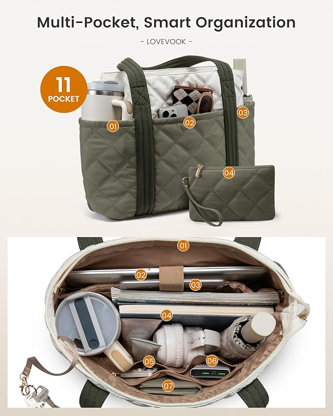 LOVEVOOK Puffer Tote Bag for Women, Puffy Work Handbag, Travel Shoulder Carry On Bag with Zipper for Teacher Nurse Gym