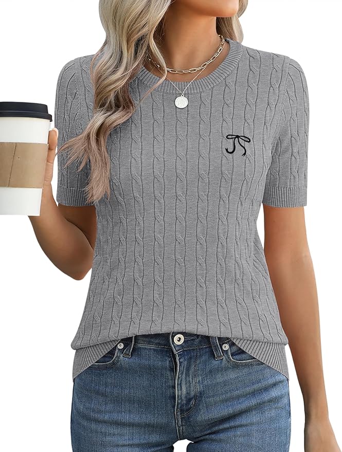 Micoson Womens Short Sleeve Cable Knit Sweater Tops Crewneck Lightweight Spring Summer Shirts Business Dressy Casual Outfits