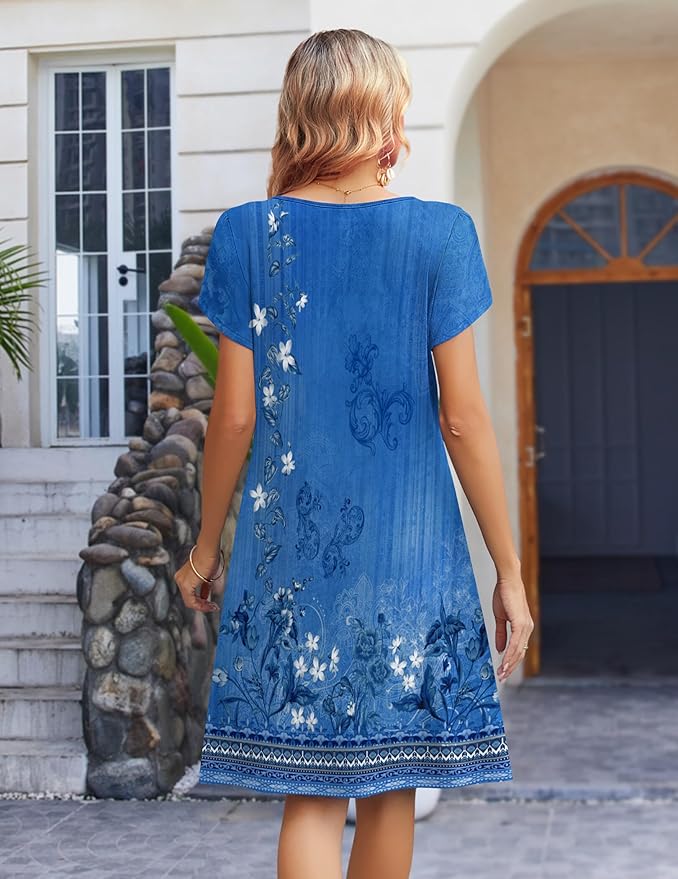 Zeagoo Women's Casual Dresses with Pockets Summer Floral V-Neck A-Line Tshirt Dress Short Sleeve Mini Dress Beach Sundress