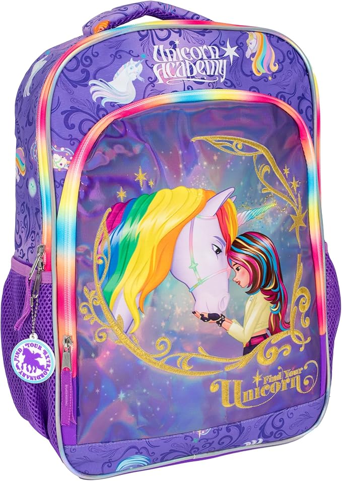 AI ACCESSORY INNOVATIONS Unicorn Academy 16” Backpack with Rainbow Hair Extension, School Bag for Girls Featuring Sophia & Wildstar, Purple