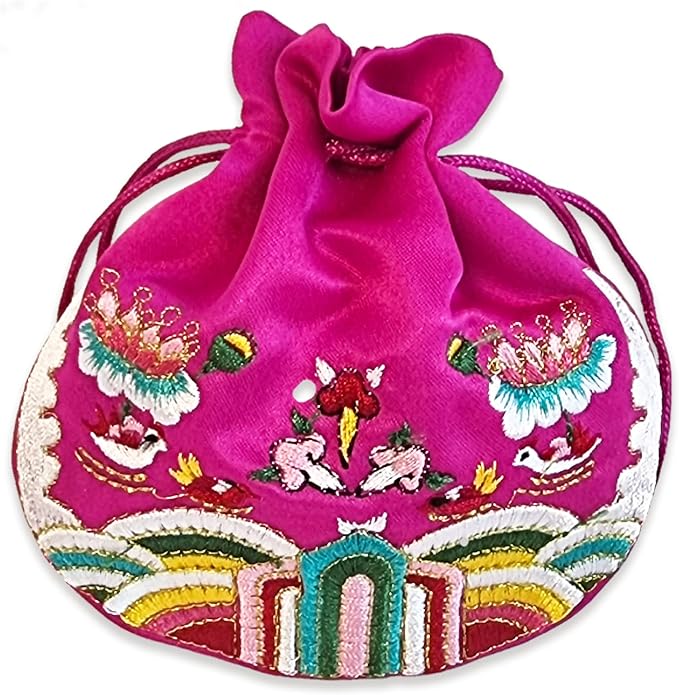 Seoulful Vintage Korean Embroidered Bokjumeoni - Traditional Lucky Pouch - Hanbok Fortune New Year's Gifts Bag (Pink)
