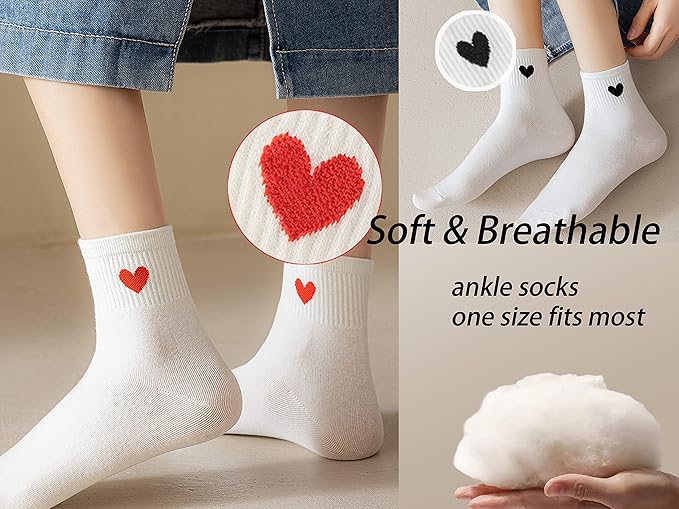 CHUNFO Cute Heart White Red Ankle Women Socks Frilly Fun Bear Pattern Long Crew Novelty Aesthetic Girls Sock 4 & More Pairs