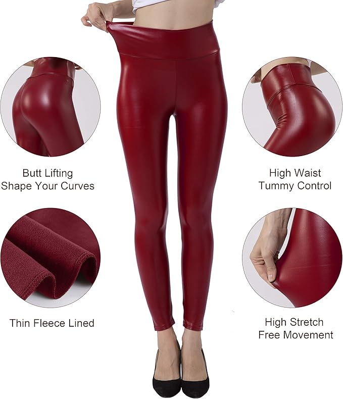 Tagoo Women's Stretchy Faux Leather Leggings Pants, Sexy Red High Waisted Tights