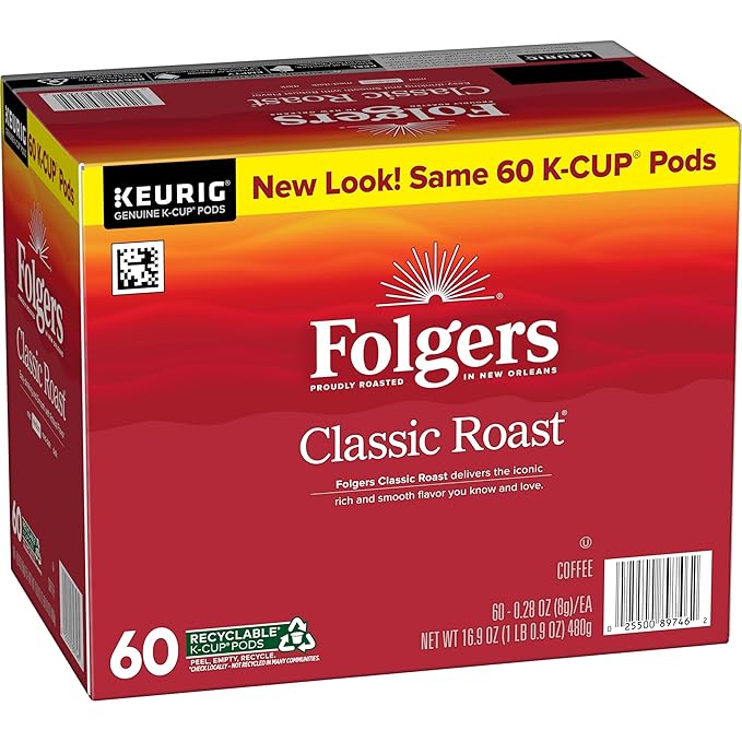 Folgers Classic Roast Coffee, Medium Roast, Keurig K-Cup Pods, 10 Count Box (Pack of 6)