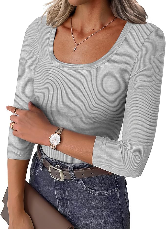 Womens 3/4 Sleeve Scoop Neck Top Ribbed Knit Slim Fitted Casual Basic Tee Shirts 2025 Fall Trendy Work T-Shirt Outfits