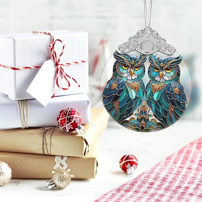 Christmas Ornament, 2025 Ornaments for Christmas Tree, Stained Glass Hanging Ornament, Holiday Ornaments, Unique Gift Idea - A Pair of Owls