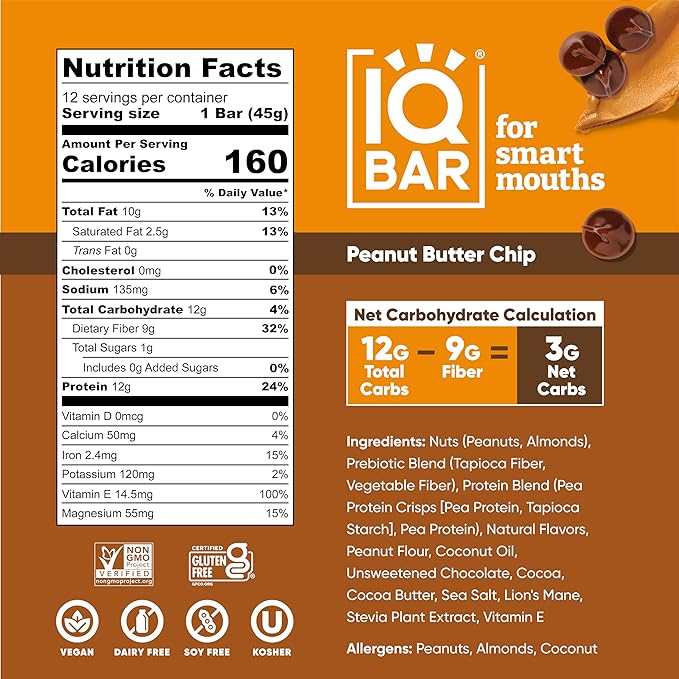 IQBAR Brain and Body Plant Protein Bars - Peanut Butter Chip - 24-Count - Keto, Vegan, Low Carb, High Fiber, Gluten Free, Dairy Free, Low Sugar Snack with Nutrients for Focus, Energy, Meal Replacement