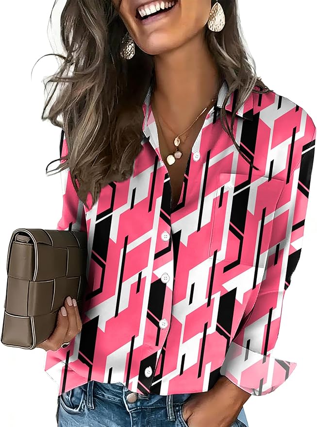 HOTOUCH Button Down Shirts for Women Long Sleeve Blouse Dressy Casual Business Work Tops with Pocket