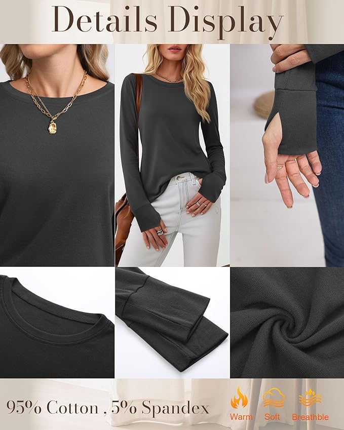 Huukeay 3 Pack Women's Long Sleeve Shirts with Thumb Holes, Cotton Casual Crew Neck Tunic Tops Fall Loose Y2k Trendy Outfits