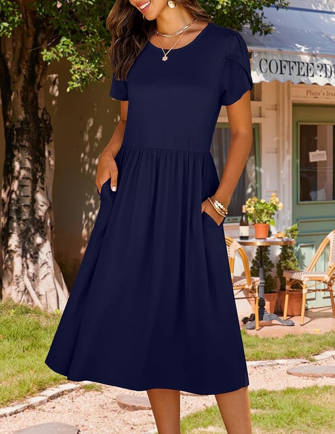 HOTOUCH Women's Summer A-Line Midi Dresses 2026 Casual Floral Short Sleeve T-Shirt Dress Flowy Beach Sundress with Pockets