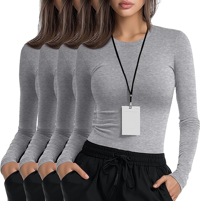 4 Pack Women's Underscrub Shirts Nurse Undershirts Long Sleeve Crewneck Slim Fit Tops Soft Stretchy Basic Tee