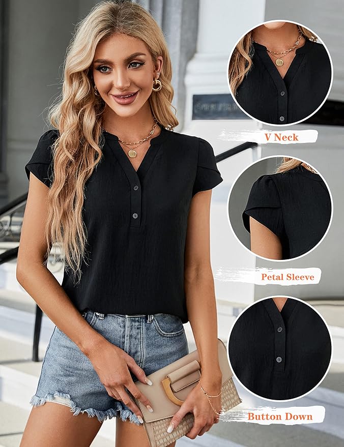 Blooming Jelly Women's Dressy Casual Tops Business Work Blouses White Button Down Shirts Cap Sleeve V Neck Tshirt