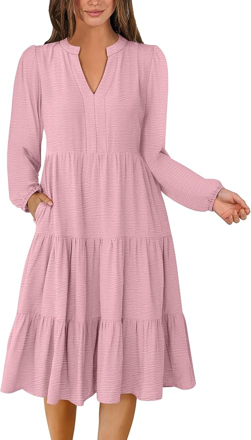 ANRABESS Womens Fall Midi Dresses Long Sleeve V Neck Swing Tiered Work Business Casual 2026 Flowy Beach Vacation Dress