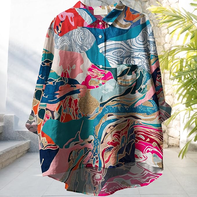 Womens Boho Tops 3/4 Long Sleeve Floral Blouses Hawaii Beach Button Down Shirts V Neck Pullover Casual Tunics