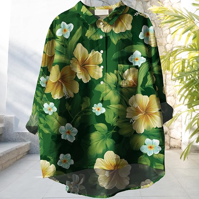 Womens Boho Tops 3/4 Long Sleeve Floral Blouses Hawaii Beach Button Down Shirts V Neck Pullover Casual Tunics
