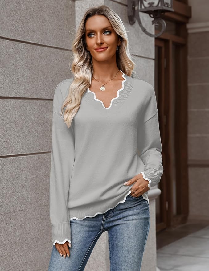 Zeagoo Women's 2026 Fall V Neck Sweater Casual Long Sleeve Lightweight Ribbed Knit Pullover Sweaters Dressy Casual Tops