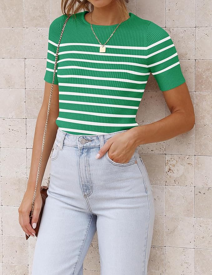 ZESICA Women's Short Sleeve Crewneck Striped T Shirt 2026 Summer Ribbed Knit Slim Fit Casual Basic Tee Tops