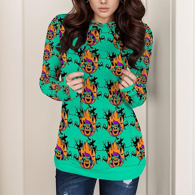 domirica Halloween Sweatshirts For Women Long Sleeve Spooky Graphic Sweatshirts Pumpkin Pullover Halloween Party Club Wear